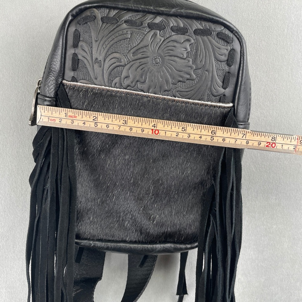Trinity Ranch Black Leather Fringe Sling Bag Floral Embossed Hair Hide Crossbody - Picture 9 of 11